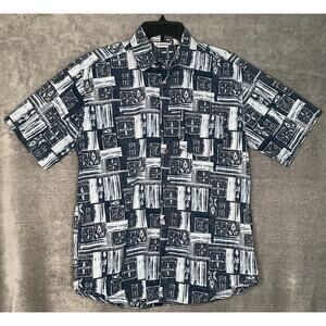 Redsand Mens Medium Blue White Shirt Button Up Cotton Abstract Print Cotton